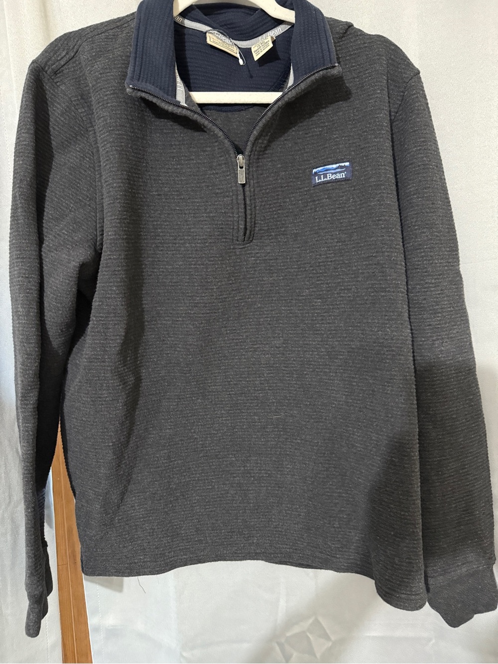 L.L. Bean Men's Dark Gray Quarter-Zip Sweater with Navy Trim